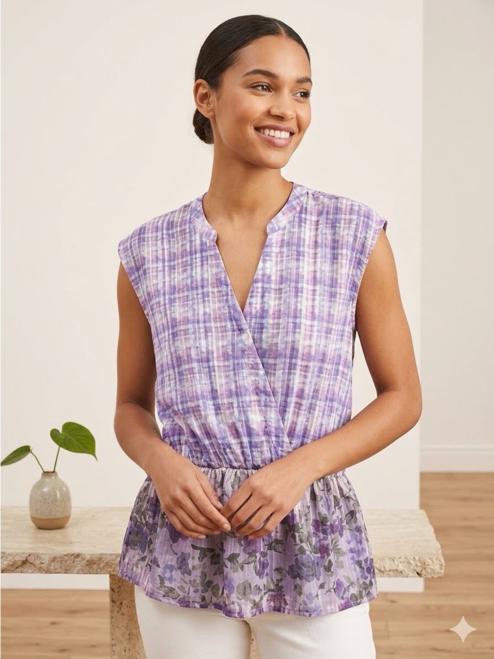 CAbi Lavender Plaid & Floral Sheer Sleeveless Peplum Top Size S